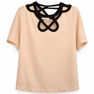 Diane von Furstenberg Silk Blouse Beige Black Trim Cutout Neck Top Size M